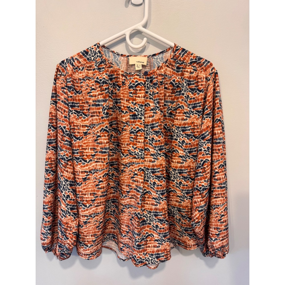 The Korner Abstract Print Blouse Size Small Orange Navy Long Sleeve Boho Top